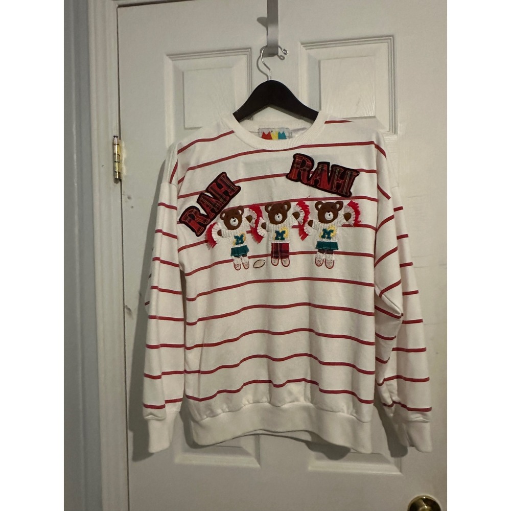 Vintage Rah Rah Cheerleader Bear Striped Sweatshirt White Red Crewneck